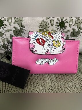 NWT Ed Hardy Pink and White Tattoo-Print Flap Wallet